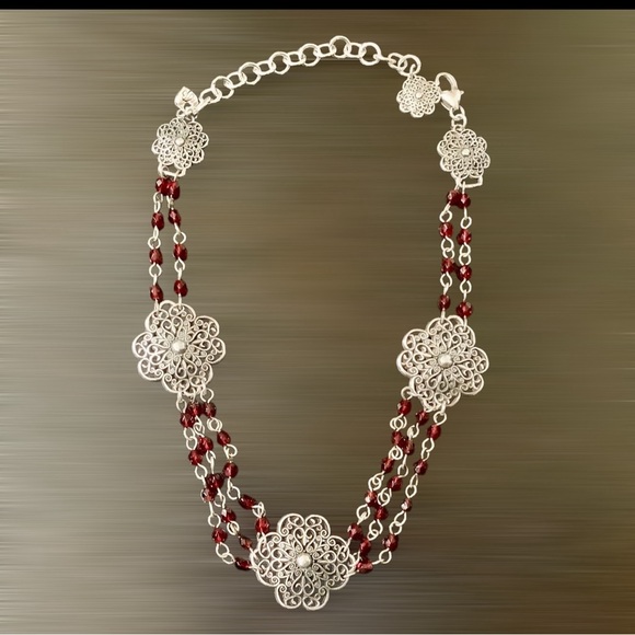 Brighton Silver and Red Floral Medallion Necklace, NWOT. Dust bag included - Picture 4 of 10